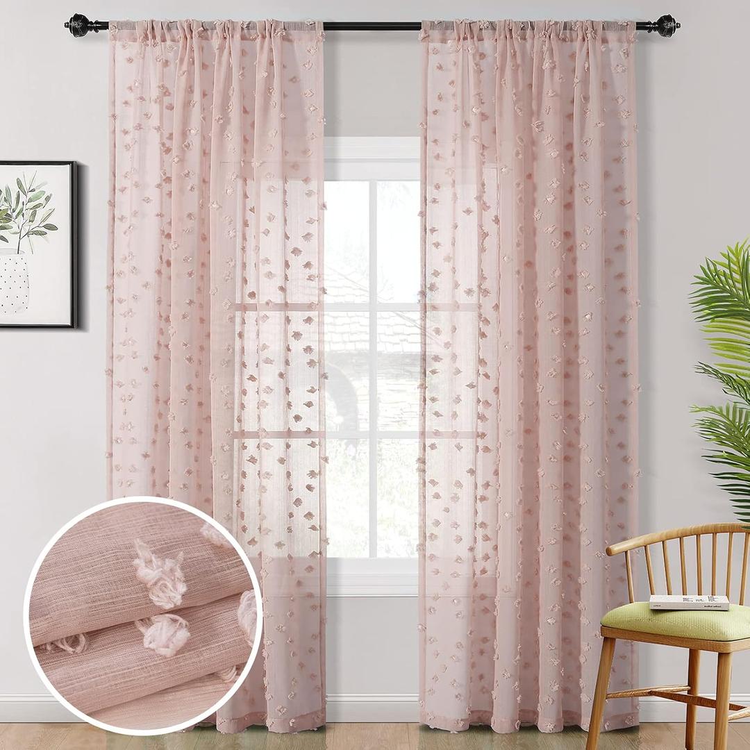 MYSKY HOME Pom Pom Pink Sheer Curtains for Bedroom Light Filtering Semi-Sheer Curtains for Nursery Girls Kids Room Rod Pocket Boho Voile Window Draperies Dusty Pink 52 x 84 inch 2 Panels (52"W x 84"L (Pack of 2), 1-dusty Pink)