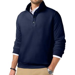 Quilted Sweatshirts for Men Quarter Button Pullover Sweater Casual Mock Neck Thermal Fleece Pullover Sweatshirt (Medium, Navy Blue)