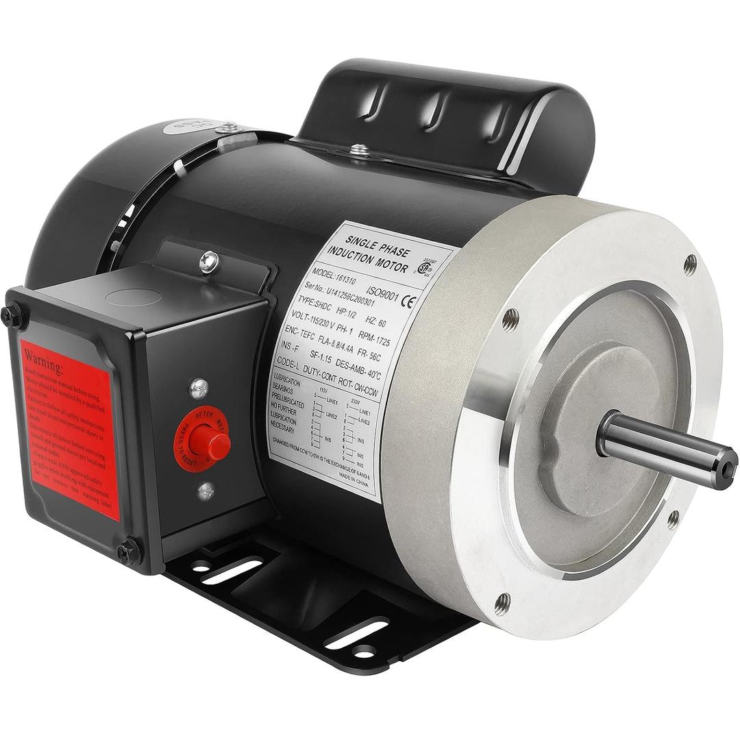 1/2HP Electric Motor 1725RPM General Purpose Single Phase Motor 115/230V 5/8" Shaft Diameter CW/CCW TEFC