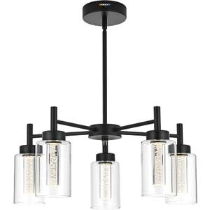 VINLUZ 5 Light LED Modern Pendant Lights, Classic Black Chandelier with Crystal Bubble Clear Glass Shade Indoor Kitchen Island Lights Fixtures for Dining Room Cafe Bar