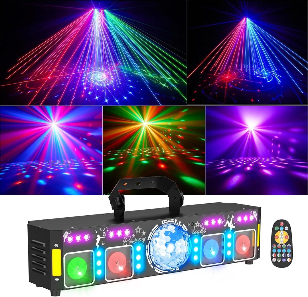 7-in-1 DJ Lights for Parties  Pro DMX Laser Light Show, Disco Ball (RGB, Pink), Gold, RGB & UV Strobe, Sound Activated Party Lights for Indoor Rave, Club, Dance Bar & DJ Gig Lighting