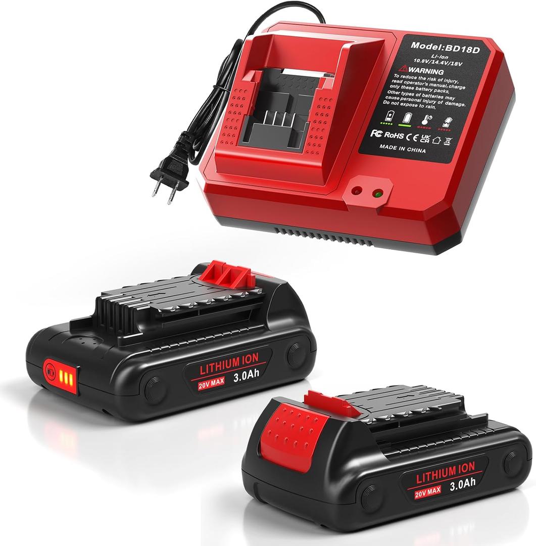 2 Packs 3.0Ah Replacement 20V Lithium Battery with Charger for Black and Decker 20V Max LBXR20, LB20, LBX20 Compatible with Extended Run Time Cordless Power Tools (Red)