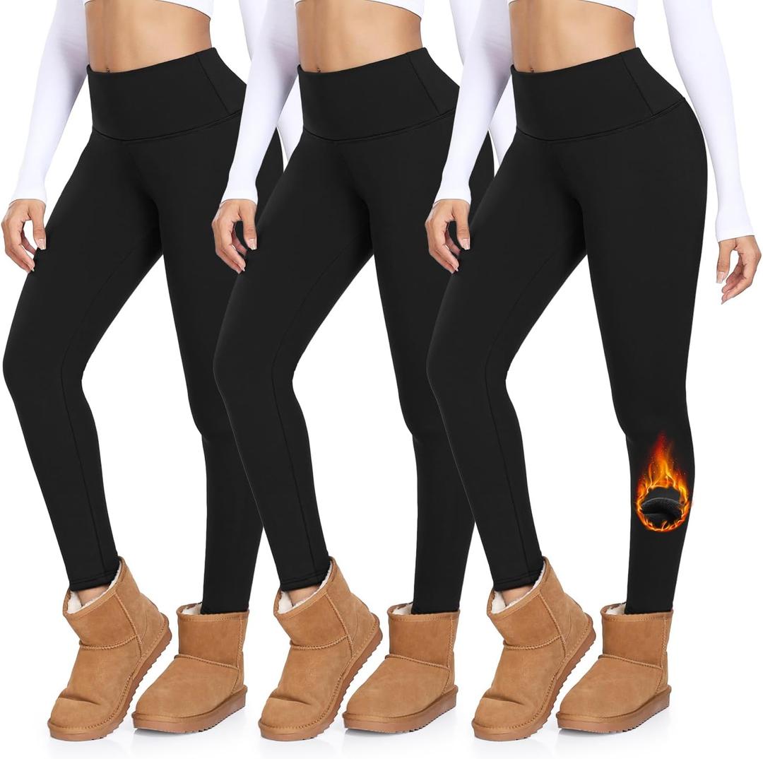 MOREFEEL 3 Pack Thermal Fleece Lined Leggings Women,High Waisted Tummy Control Warm Winter Yoga Workout Thick Pants (Large-X-Large, Black/Black/Black)