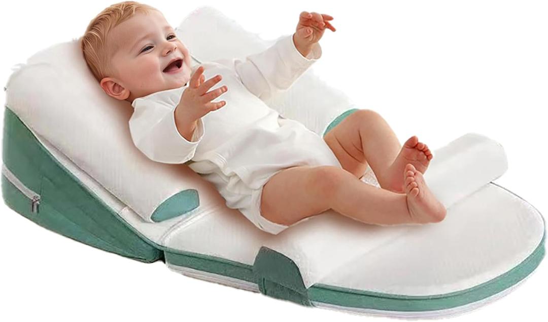 Adjustable Baby Feeding Pillow - Anti Overflow Support with Removable Cover, Portable Nursing Pillow for Breastfeeding & Tummy Time, Baby Wedge Pillow for Newborn (Green)
