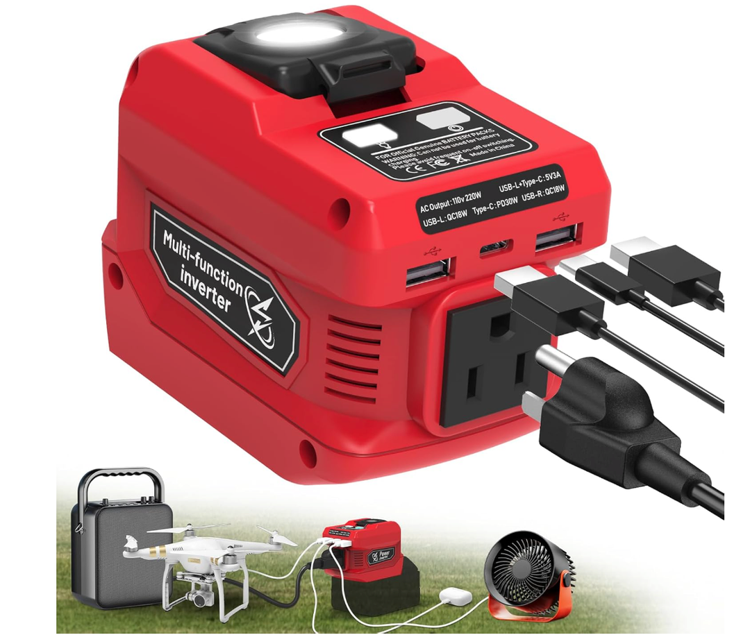 220W Power Inverter Compatible with Milwaukee 18V Battery, DC 18V to AC 110V Battery Inverter, Power Station Generator with 1 AC Outlet, 2 USB Ports & 1 TypeC Fast Charging, 400LM LED Work Light