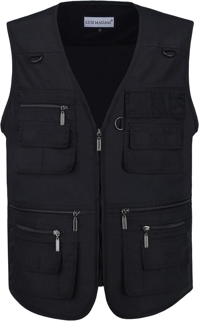 Men's Stone Washed Denim Multi-pocketed Fishing Work Outerwear Vest, Black, XL