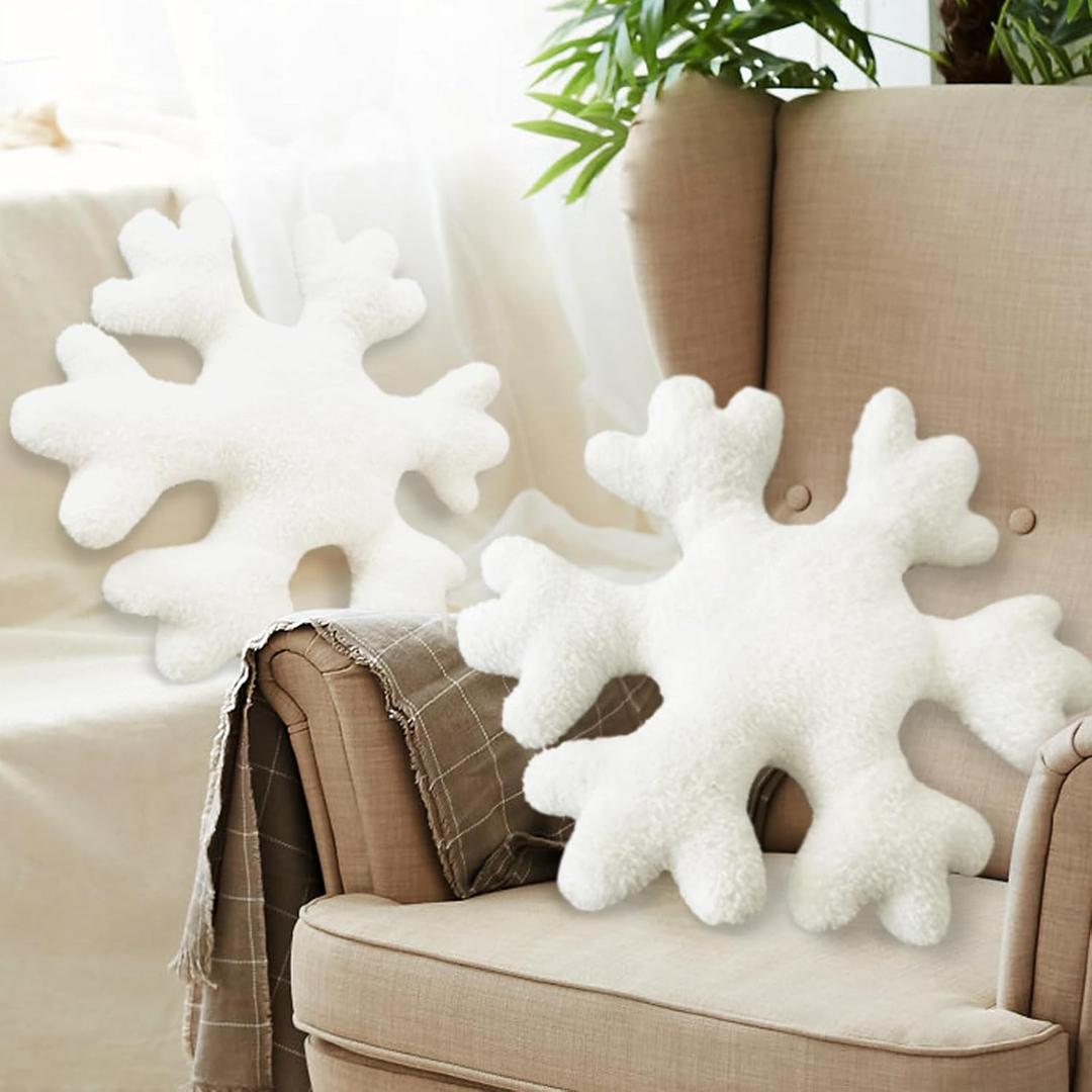 Qiuttnqn 2 Pcs Christmas Snowflake Decorative Throw Pillows,15.7" Soft White Faux Fur Plush Pillow Set,Cute Winter Snowflake Pillows for Bed Couch Sofa Indoor Home Christmas Decorations