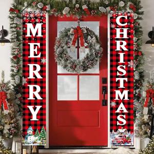 Christmas Decorations Outdoor Yard: Large Red Black Front Porch Sign, Buffalo Plaid Xmas Door Banner, Hanging Merry Christmas Decor for Home School Office Indoor Wall Garage Yard Outside