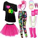 Vabean 19 Pcs 80s Costume Set T Shirt Leggings Tutu Skirt Headband Necklace Bracelets Earrings Gloves Leg Warmers for Women (M)