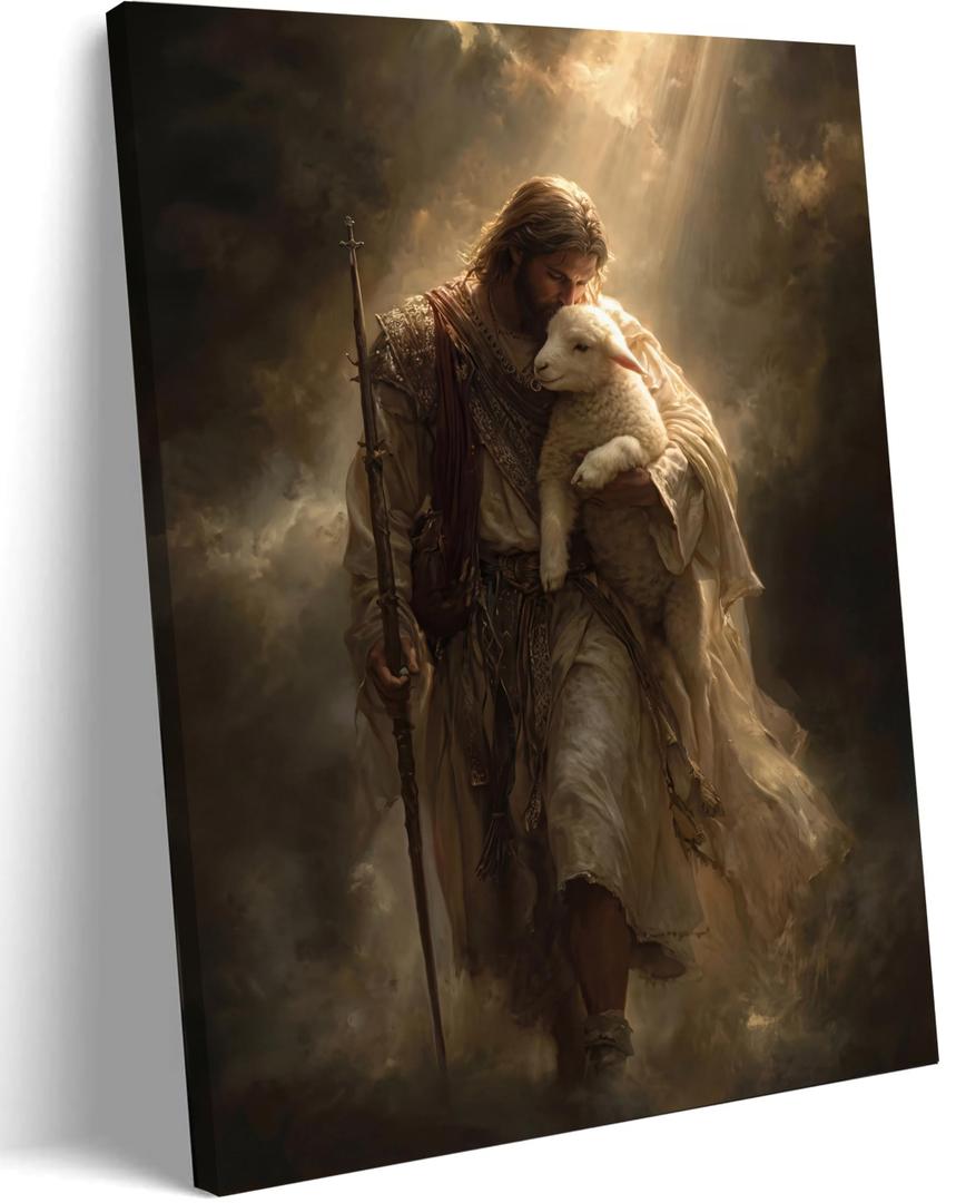 Jesus and Lamb Canvas Wall Art Jesus the Good Shepherd Poster Printings Religious Christian Paintings Inspirational Bible Faith Wall Decoration for living room, Church, Prayer room Decor 16x24 Inch