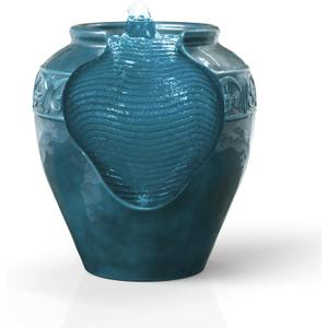 Teamson Home Floor Glazed Pot Water Fountain with Built-in LED Light and Pump for Outdoor Indoor Patio Garden Backyard Decking Home Dcor, 17 inch Height, Teal