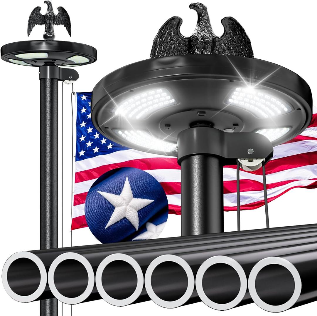 20FT Heavy Duty Flag Pole with Solar Light,11 Gauge Extra Thick Aluminum Flagpole Kit, Residential Flag Pole for Outside House in Ground, with 3x5 American Flag for Outdoor Commercial Use,Black