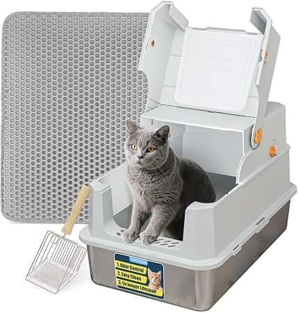 TENTIZON Stainless Steel Cat Litter Box with Lid, Large Covered Enclosed Kitty Litterbox with Hood, Flip Top, High Side, Litter Mat, Scoop for Big Cats, Kitten, No Odor, No Mess, Easy Clean, Grey (XL)