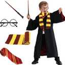 Kitimi Wizard Costume Party Cosplay Set, Wizard Cloak Robe Halloween Costume, Magic Wand, Tie, Scarf, Glasses Accessories 135+