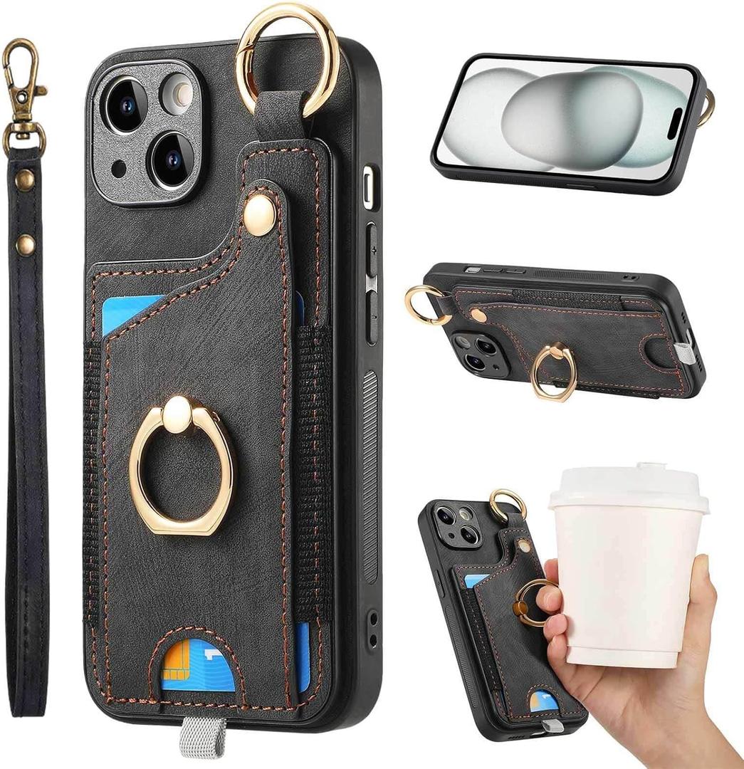 JanCalm for iPhone 15 Plus Case, Metal Ring Holder Stand, Card Slots Wallet, Wrist Strap, Magnetic Clasp, Leather Shockproof Protective Cover for iPhone 15 Plus (Black)