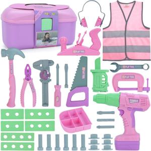 Kids Tool Set, 31 PCS Kids Tool Box Pretend Play Construction Toy with Electric Drill Hammer Tool Accessories Toddler Tool Set for Girls Boys Ages 3 4 5 6 7 Years Old (Pink)