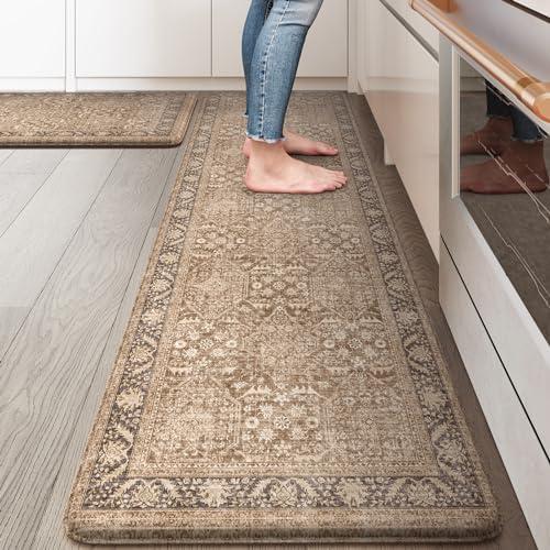 KIMODE Farmhouse Anti Fatigue Kitchen Mat, +17"x29" Vintage Kitchen Rugs, Waterproof Kitchen Floor Mats Non Slip, Comfort Foam Standing Mat for Sink, Laundry, Office, Desk Brown