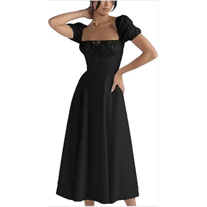 Women Short Sleeve Long Dresses Square Collar Floral Print Boho Beach Sundress Holiday Split Dress (Black, Medium)