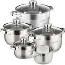 Daniks Standard 9-Piece Stainless Steel Induction Cookware Set, Saucepan, Dishwasher Safe Pots, Measuring Scale, Glass Lids, For Soup, Pasta, Stew, Silver (9 Pieces Set)