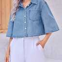 Womens Crop Denim Shirt Half Sleeve Button Down Short Jean Jacket with Pocket (Blue, XL)