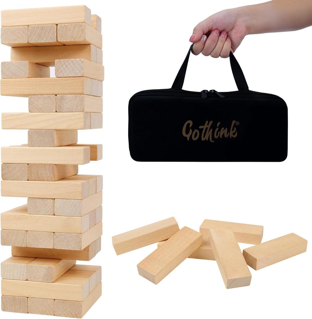 GOTHINK Tumble Tower Game for Kids and Adults, 54pcs Wooden Board Stacking Game for Family Games Night, Classical Wood Blocks Game, Standard Size with Storage Bag