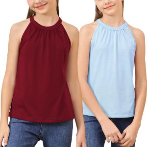 GORLYA 2 Pack Girls Halter Neck Summer Sleeveless Shirt Multipacks Casual Curvy Tank Tops for 6-14Y(GOR1232,8Y,Red+Blue)