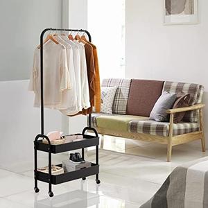 HIDODO Black Clothing Rack - Portable Garment Organizer with 2 Tier Metal Baskets, Laundry Cart with Hanging Rack, Small Wardrobe on Wheels for Bedroom, Laundry and Entryway