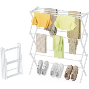 Drying Rack Clothing, 3-Tier Clothes Drying Rack Foldable Use for Indoor & Outdoor Antirust Laundry Drying Rack Collapsible White 28" L x 35" H x 10" W