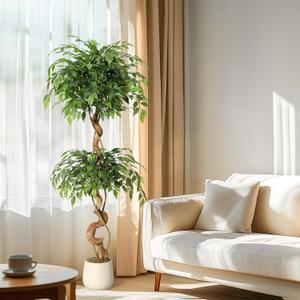 GarveeHome Ficus Artificial Tree with Curved Trunk5 ft Faux Plant Fake Silk Trees with White Pot, Fake Ficus Tree for Home Decor, Artificial Plants Indoor for Office Living Room