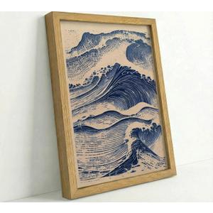 Framed Japanese Style Ocean Wave Wall Art Coastal Wall Decor Picture Minimalist Woodblock Print Navy Blue and Cream Abstract Seascape Artwork for Living Room Bathroom Bedroom 16x24in