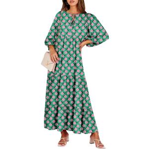 ANRABESS Womens Boho Maxi Dresses 2025 Summer V Neck Puff Sleeve Floral Flowy Swing Fall Casual Long Dress (Large, Green)