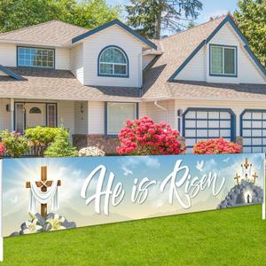 He is Risen Banner Religious Happy Easter Banner Decorations Jesus Resurrection Cross Lilies Yard Sign Banner Easter Party Supplies for Spring Easter Christian Easter DecorationsBanner
