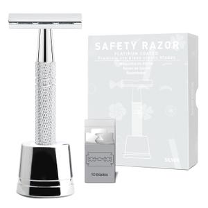 Double Edge Safety Razor with Stand, Single Blade Razors for Men and Women, Reusable Metal Razor, with 10 Double Edge Blades, Smooth and Close Shave, Shiny Silver
