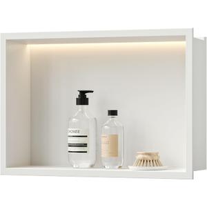 Neodrain LED Shower Niche 18X12Inch White Wall Niche with 3000K Light, Stainless Steel Shower Niche NO Tile Needed Cabinet for Shower Wall, Bathroom Storage with LED Strip