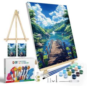 JOOZ Paint by Numbers Kit for Adults with Frame, Landscape Paint by Numbers with Easel, Lake Mountain Paint by Number with Frame, DIY Easy Paint by Numbers Kit for Adults Home Wall Decor 8 x 12 Inch