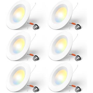 Amico 5/6 inch 5CCT LED Recessed Lighting 6 Pack, Dimmable, IC Rated, 12.5W=100W, 950LM Can Lights with Baffle Trim, 2700K/3000K/4000K/5000K/6000K Selectable, Retrofit Installation, ETL & FCC
