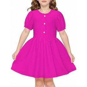 LQSZ Girls Summer Dress Puff Sleeve High Waist A Line Solid Color Dress for Party School Easter Outfit 3-12Y 150
