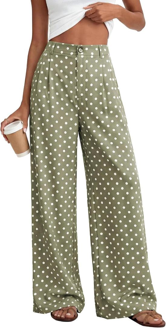 KIRUNDO Wide Leg Pants for Women 2026 Summer Flowy Polka Dot Trousers | Lightweight Dressy Palazzo Work Pant, Elastic High Waisted Pleated Slacks With Pockets, Business Casual Fall Vacation Outfits (Green, M)