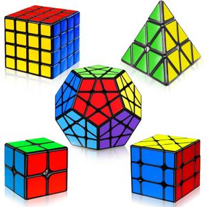 5 Pack Magic Speed Cube Set - 2x2, 3x3, 4x4, Triangle Megaminx Speed Cubes for Kids & Adults