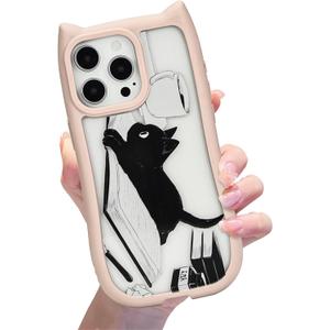 Compatible with iPhone 16 Pro Max Cute Black Cat Case [ 3D Cat Shape ] [ Senior Shockproof Protective ] for iPhone 16 Pro Max Clear Case for Women Girls-Pink