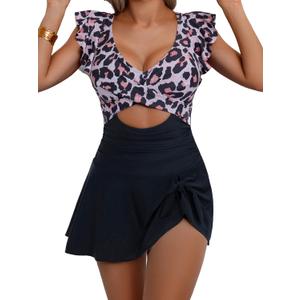 One Piece Swimdress Swimsuit for Women Tummy Control Ruffle Swim Dress Skirt V Neck Cutout Wrap Bathing Suit (Small, Leopard)