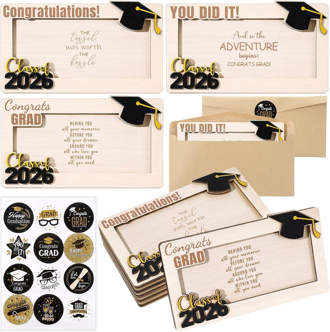 6 Set Graduation Money Holder 2026 Wooden Money Holder with Envelope Class of 2026 Congrat Grad Card Sleeve for Seniors High School College Graduation Gift Cash Box for Party Supplies(Black)