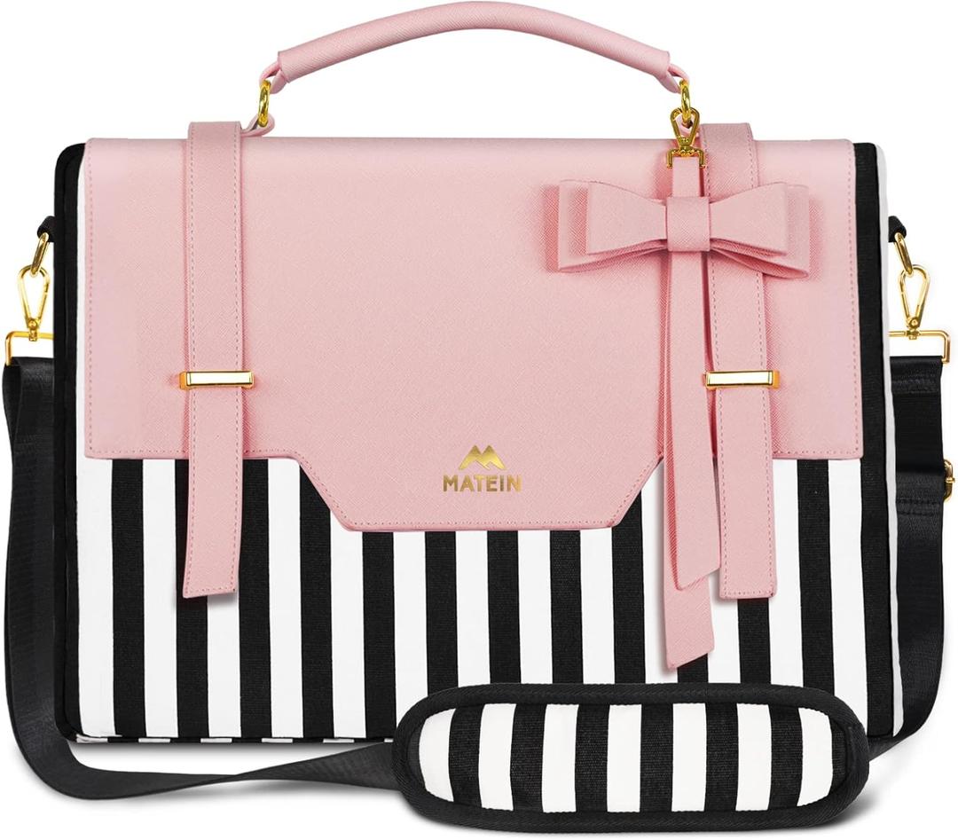 MATEIN Laptop Bag for Women, 17 inch Cute Computer Briefcase Laptop Carrying Case, Lightweight Messenger Sleeves Shoulder Work Tote Bag with Bow & RFID Pocket Gifts for College Office Business, Pink