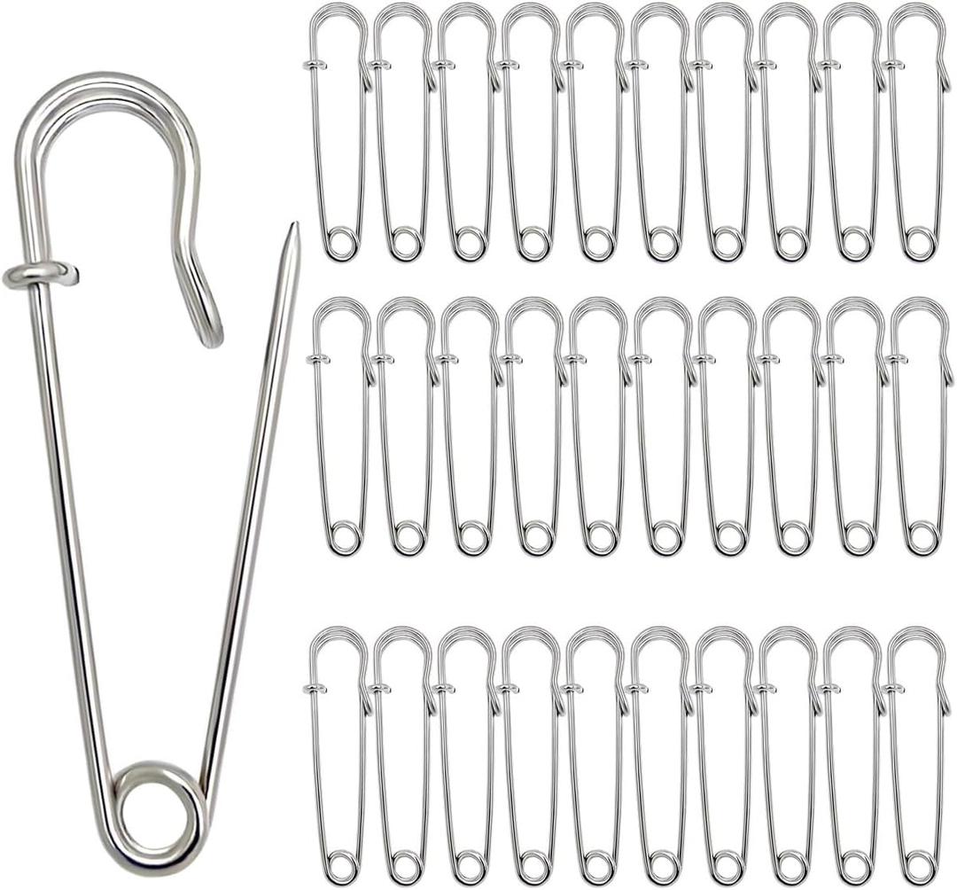 30 Pcs Large Safety Pins 2 Inch Heavy Duty Blanket Pins Big Safety Pin Steel Safety Pins for Blankets Clothes Crafts Leather Canvas, Silver