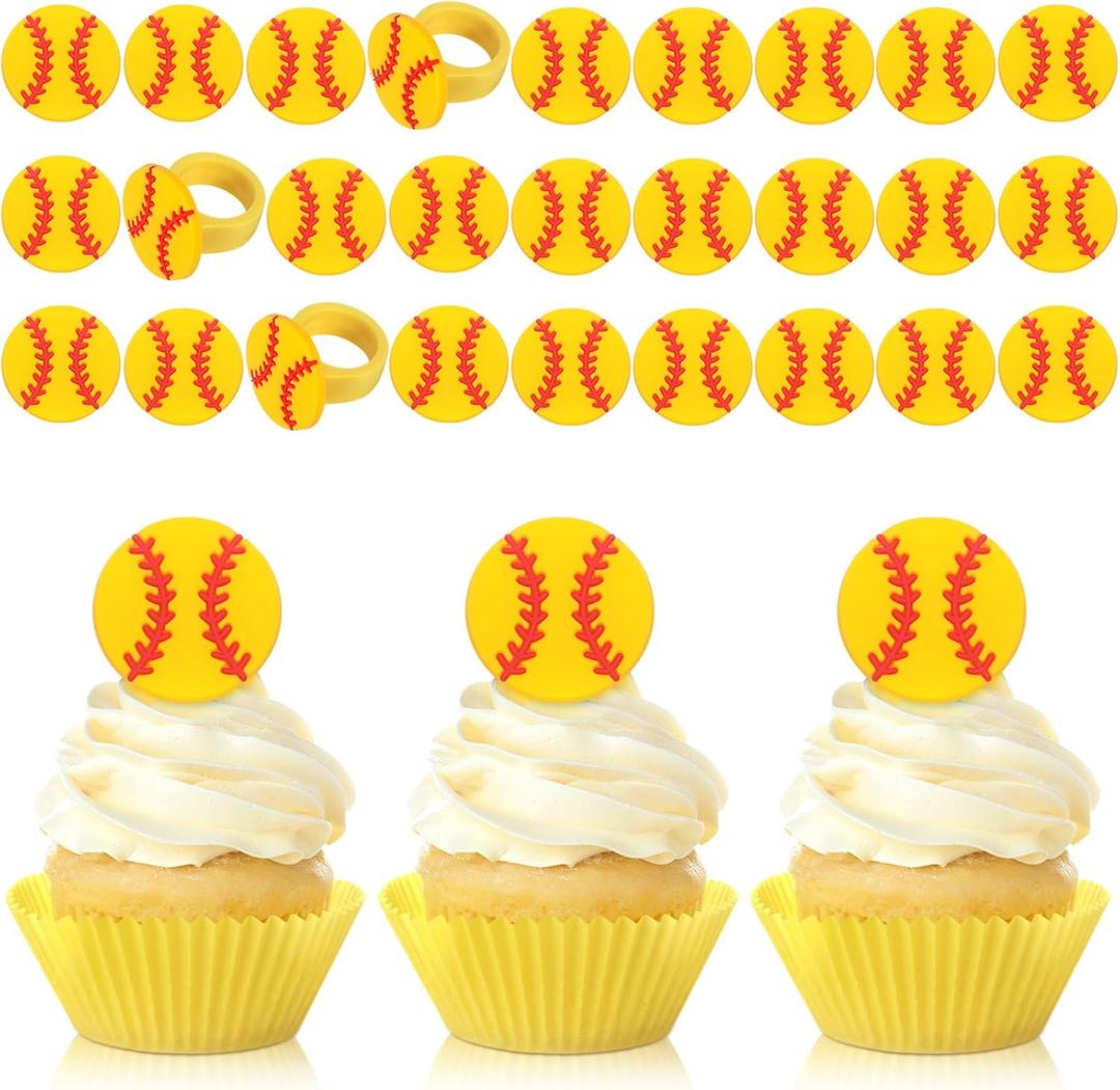 Honeydak 48 Pcs Softball Cupcake Rings Toppers Decoration Sport Ball Theme Cake Picks Softball Party Decoration Sport Cupcake Toppers Rings for Birthday Party Supplies