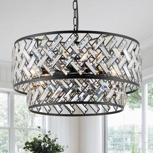 Black Crystal Chandelier, 8-Light Drum Semi Flush Mount Ceiling Light, 24'' Modern Crystal Pendant Chandelier for Dining Room, Living Room, Bedroom, Kitchen, Foyer