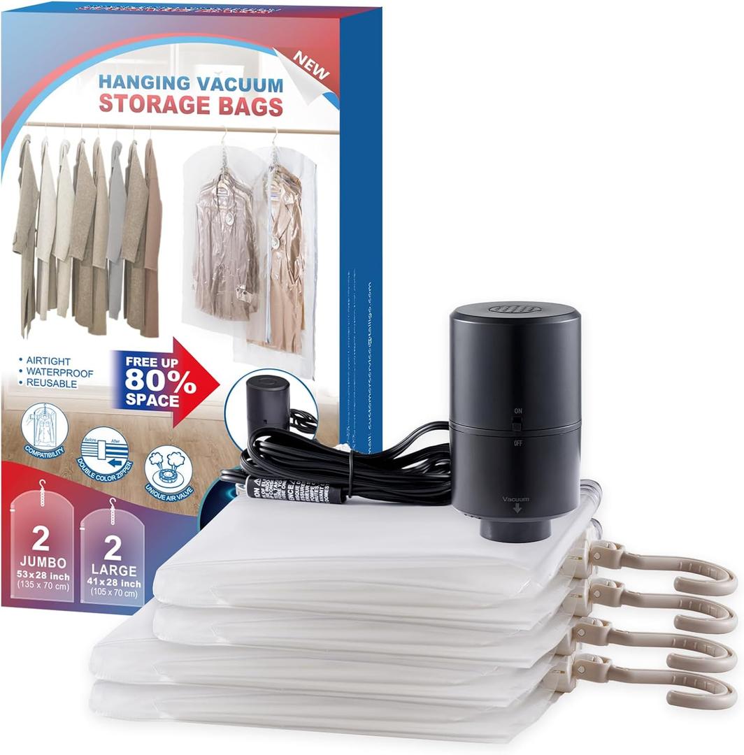 Hanging Vacuum Storage Bags, 4 Pack Hanging Storage Bags for Clothes With Electric Pump, Vacuum Sealed for Suits, Dress, Jackets (2 Long, 2 Short)