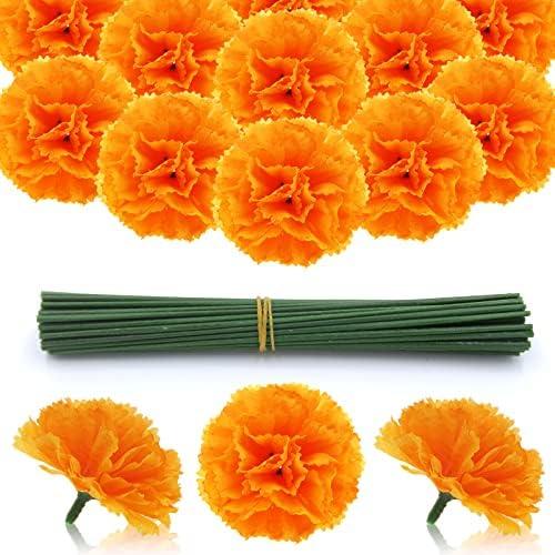 Hananona 50 Pcs Marigold Flower Heads Bulk, Silk Marigolds with Stems Artificial Mexican Flowers for Diwali Day of The Dead Dia De Los Muertos Ofrenda Decor