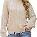 Women's Distressed Cable Knit Sweaters 2025 Oversized Casual Pullover Tops (Beige, M)