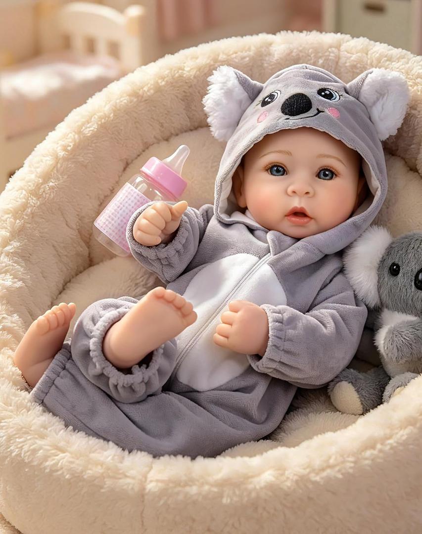 Aori 17 Inch Lifelike Baby Dolls Realistic Doll with Real Life Lightweight Soft Body & Grey Outfits, for Girls 3+ Role Play, Adoption Day, Photography Prop, Collectible